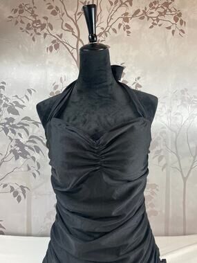 Vintage Black Halter Ruched Swim Dress One Piece Swimsuit Size 16 Retro
